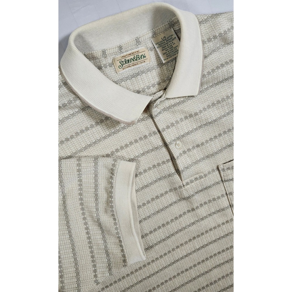 Vintage 90s St Johns Bay Mens Large Polo Shirt Made in USA Striped Tan Knit L